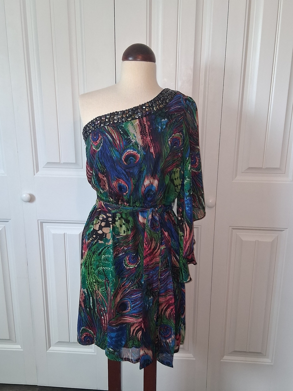 Bisou Bisou Stunning One-Shoulder Peacock Print Dress - Green Multi Women's Sz 4